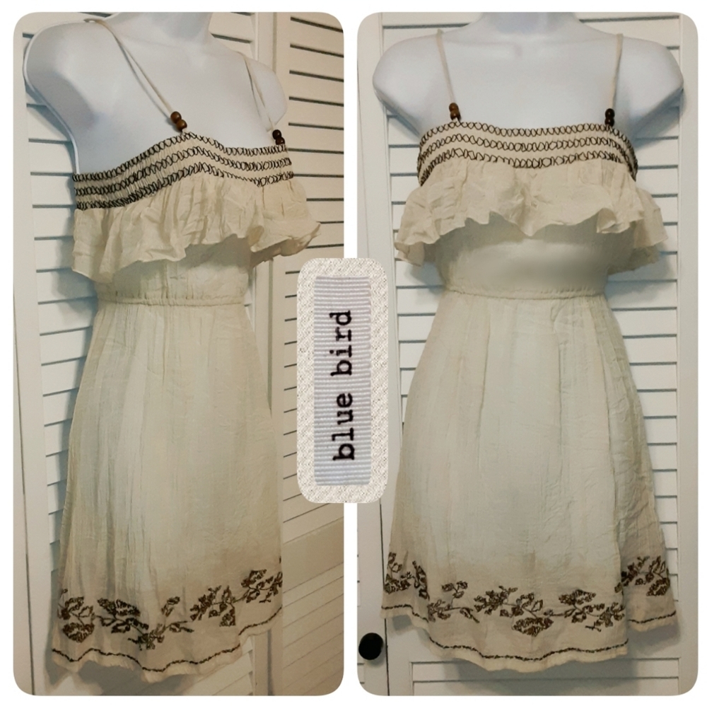 Blue Bird Boho Ruffly Spaghetti Strap Dress